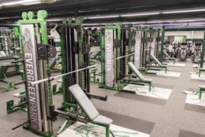 Some 400 Mustang logos accent the weight room in Evergreen Park, Ill. (Photo courtesy of Samson Equipment)