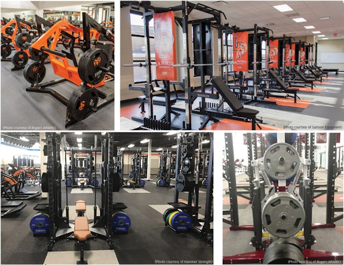Icons, innovation and plenty of iron pack the weight rooms in (clockwise from top left) Rockford, Mich., and LaPorte), Bowie and Athens high schools in Texas.