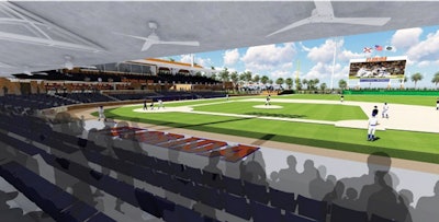 The goal of keeping fans cool, comfortable and connected was key to the design of the University of Florida’s forthcoming baseball stadium. [Renderings courtesy of Populous]