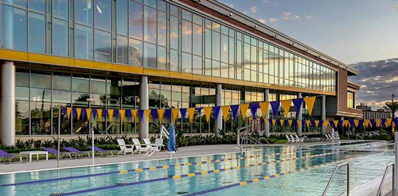 LSU Indoor Track Accents UREC Exterior | Athletic Business