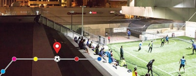 Co-locating a soccer field within existing transit infrastructure creates incredible challenges. [Images courtesy of www.soccerstreets.org/station-soccer-play]