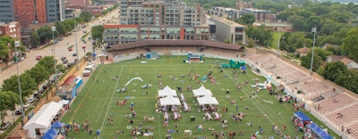 A synthetic turf football/soccer field also accomodates the wide variety of community events now held at Breese Stevens Field. [Photo by Justin Nuoffer]