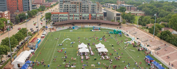 A synthetic turf football/soccer field also accomodates the wide variety of community events now held at Breese Stevens Field. [Photo by Justin Nuoffer]