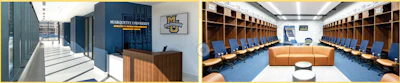 A front desk (left) welcomes visitors to Marquette’s AHPRC, which houses men’s golf, men’s lacrosse and women’s lacrosse (right). [Photos by JKFotos]