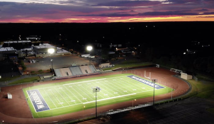 Liverpool High School Stadium in Central New York is among the hundreds of municipals fields across North America that have made the switch to LED lighting. [Photo courtesy Ephesus Sports Lighting].