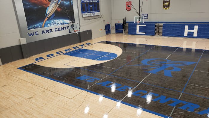 A view of the brand new ScissorLoc V-Hex gym floor at CHS.