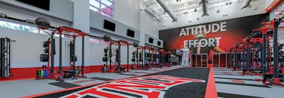 Flush flooring allows weight room users to transition from one dynamic exercise to the next while reducing tripping and injury risks. [Photos courtesy of Ecore]