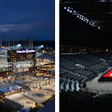 Exterior of Protective Stadium; interior of Legacy Arena