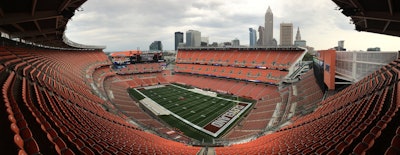 Panoramic view of FirstEnergy Stadium from section 541 looking southeast, with downtown Cleveland visible in the background.