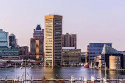A panoramic view of the Baltimore Inner Harbor.