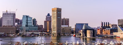 A panoramic view of the Baltimore Inner Harbor.