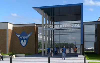 An artist’s rendering of the entrance to the Gerdin Fieldhouse for Athletics and Wellness.