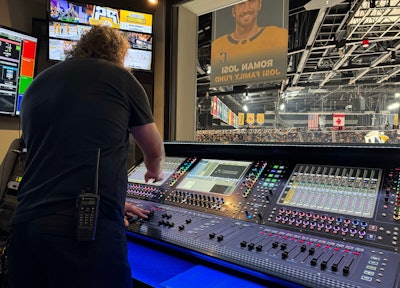Spectrum Sound’s Taylor Nyquist mixing front of house sound on the Quantum338 during a recent Nashville Predators versus Philadelphia Flyers hockey game.