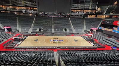 The 2024 Emirates NBA Cup court ready for play at the T-Mobile Arena in Las Vegas.