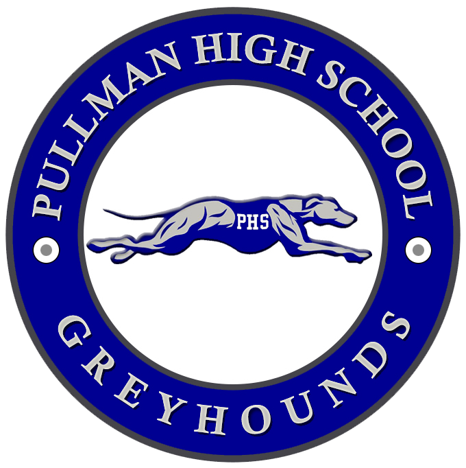 Pullman High School Greyhounds logo with running blue greyhound mascot