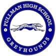 Pullman High School Greyhounds logo with running blue greyhound mascot