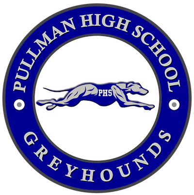 Pullman High School Greyhounds logo with running blue greyhound mascot