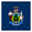 Maine state flag with heraldic shield, pine tree, moose, and symbolic figures representing forestry and maritime industries