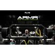Powerlifter preparing for heavy barbell squat on advanced PLAE ARMR training equipment