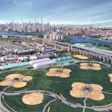 Aerial view of New York City with green park, baseball fields, river, and Manhattan skyline