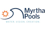 Myrtha Pools logo with circular orange icon and blue typography
