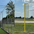 Baseball training facility with green batting cage, yellow foul pole, and practice nets