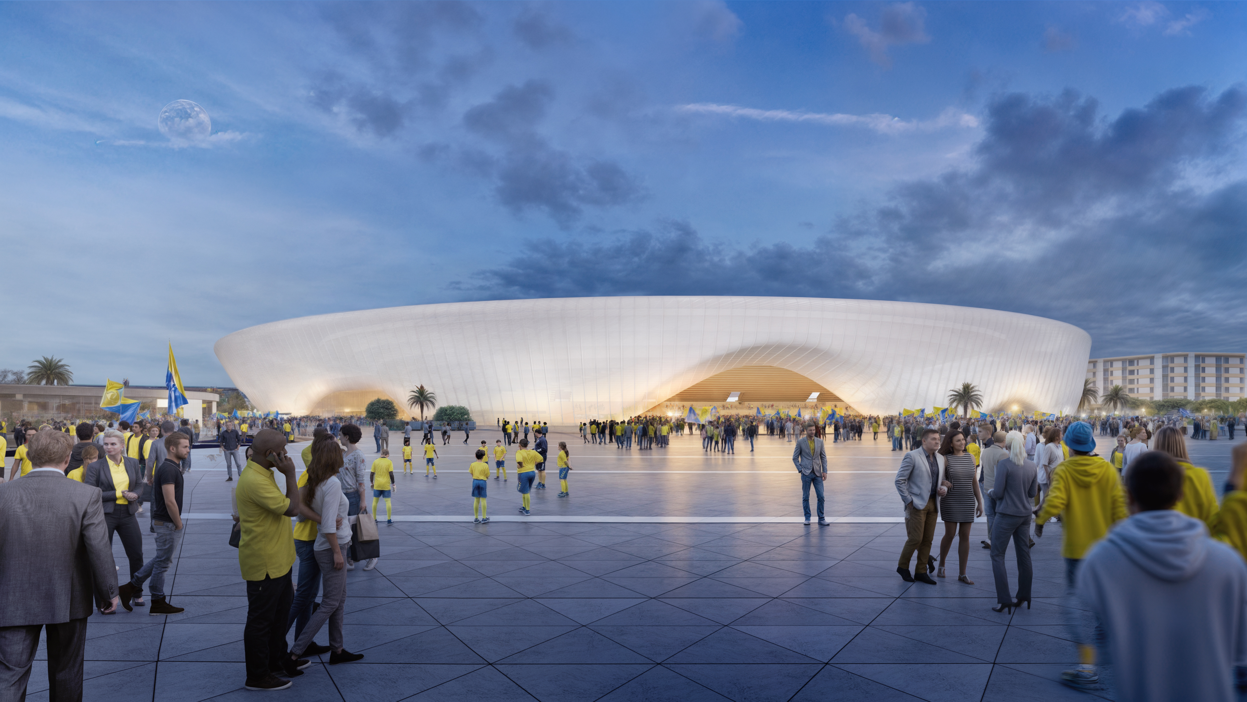 Modern white stadium exterior at dusk with crowds gathering in plaza, illuminated facade and palm trees against blue sky
