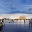 Modern white stadium exterior at dusk with crowds gathering in plaza, illuminated facade and palm trees against blue sky