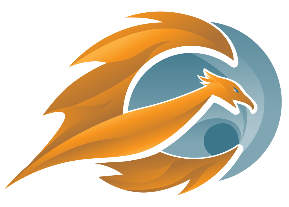 Stylized orange eagle logo with dynamic wing design against blue circular background
