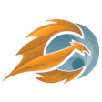 Stylized orange eagle logo with dynamic wing design against blue circular background