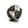 Heraldic emblem with black eagle, shield, and symbolic quadrant design