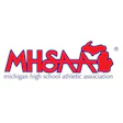 MHSAA logo with Michigan state outline in red and blue