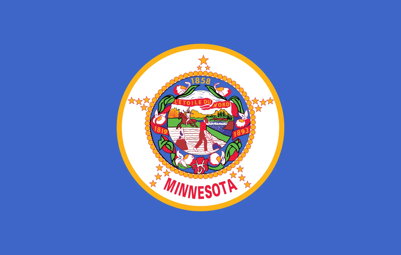 Minnesota state flag featuring colorful official seal on blue background