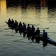 Rowing team silhouetted on calm water at golden hour