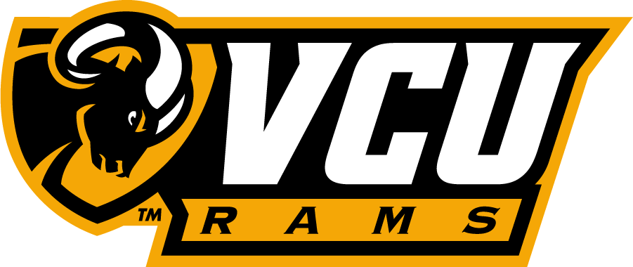 VCU Rams athletic logo featuring stylized black ram head in gold shield with white VCU text