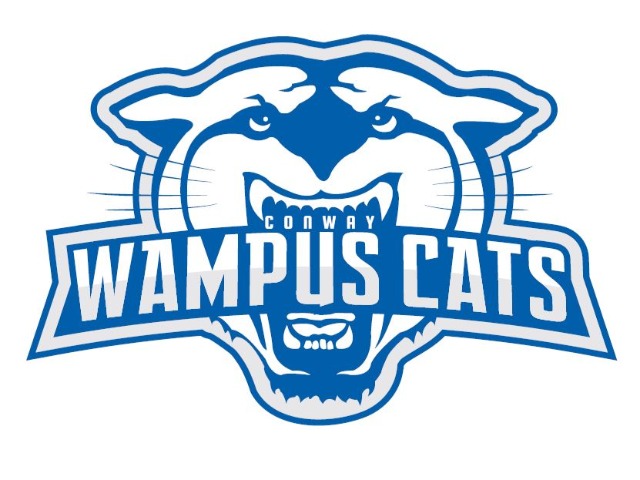 Conway Wampus Cats blue and white athletic logo with fierce cat mascot