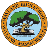 Wayland High School official circular seal with tree and landscape elements