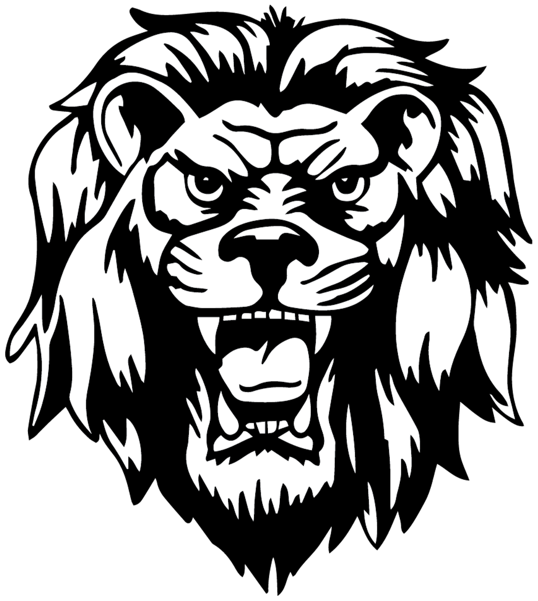 Fierce black and white lion head logo with open roaring mouth