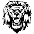 Fierce black and white lion head logo with open roaring mouth