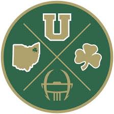 Green circular logo with Ohio state, university, helmet, and shamrock icons
