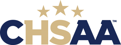 CHSAA logo with three gold stars in navy blue and tan colors