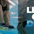 Underwater swimmer in blue pool with motivational 'Let's Go Deep' fitness branding