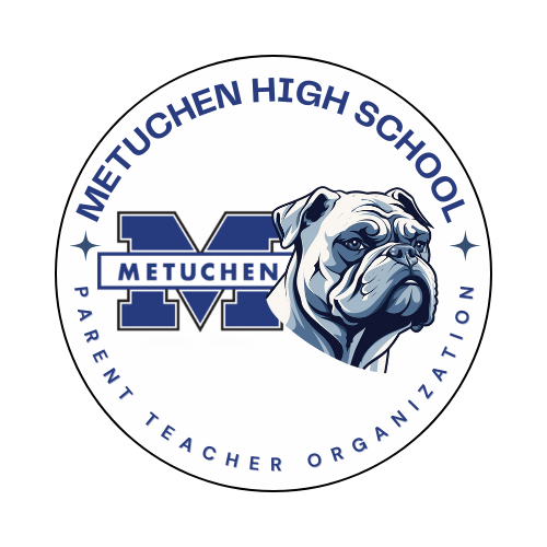 Metuchen High School bulldog mascot logo with blue M and school organization text