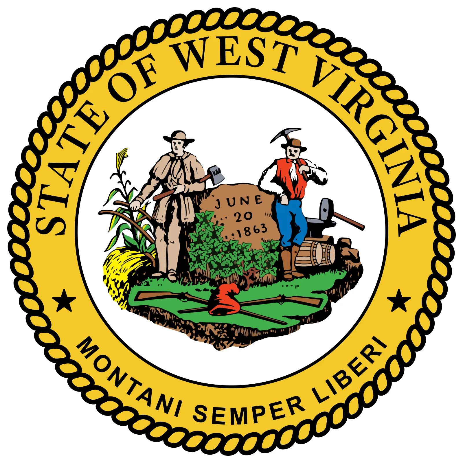 West Virginia state seal with pioneers, agriculture, and June 20, 1863 date