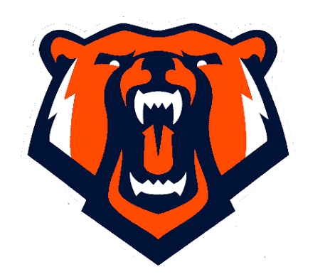 Fierce bear mascot logo in orange and navy blue
