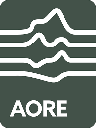 AORE logo with wavy horizontal lines in dark green and white