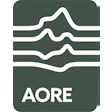 AORE logo with wavy horizontal lines in dark green and white