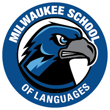 Milwaukee School of Languages blue circular logo with fierce eagle mascot
