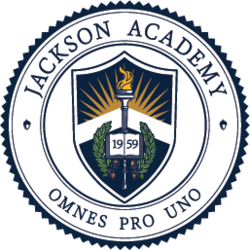 Jackson Academy official seal with torch and shield, established 1959