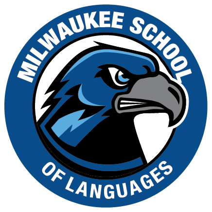Milwaukee School of Languages blue circular logo with eagle mascot